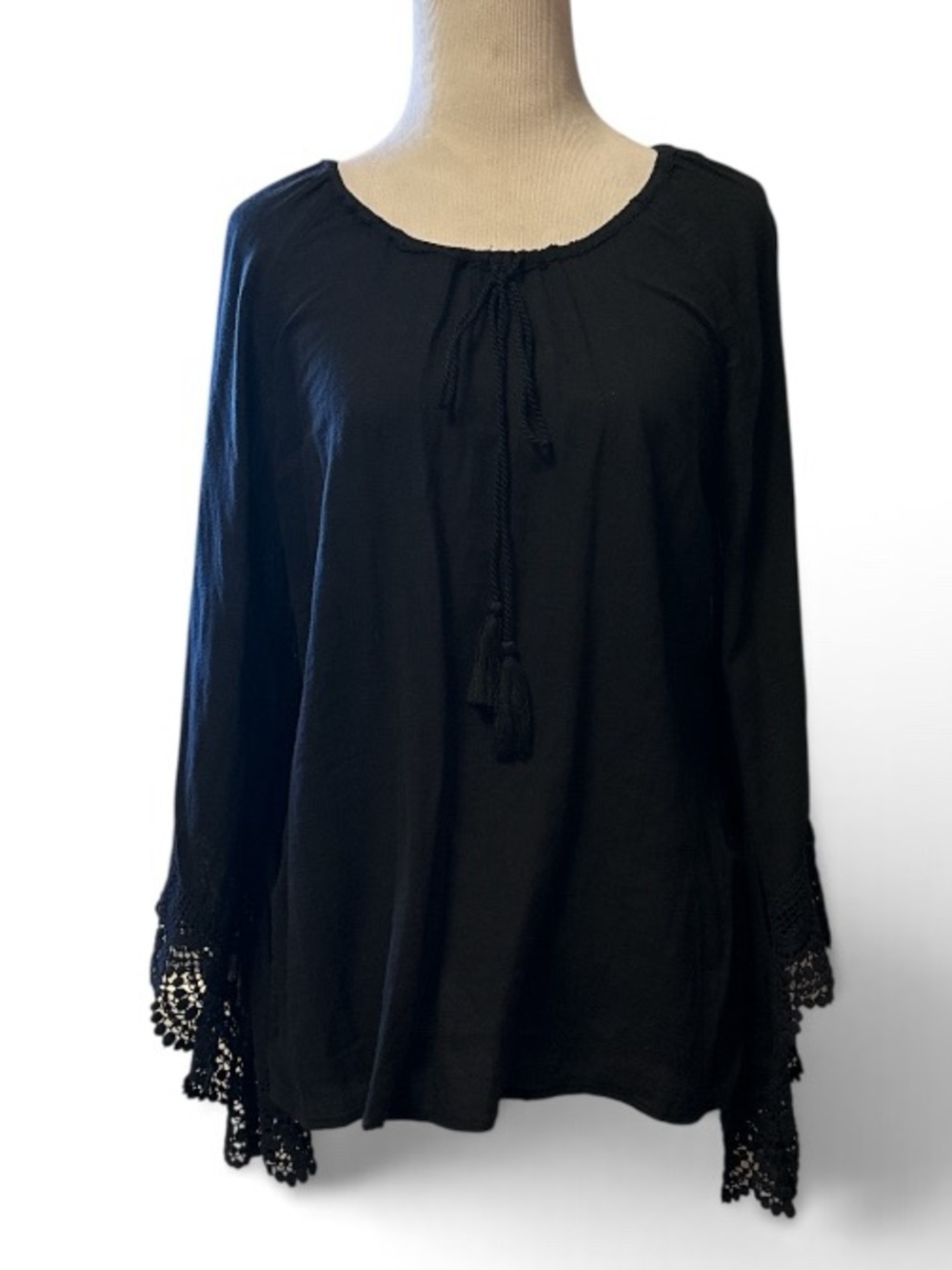 Black Womens Peasant Blouse with Crochet Trim on sleeves